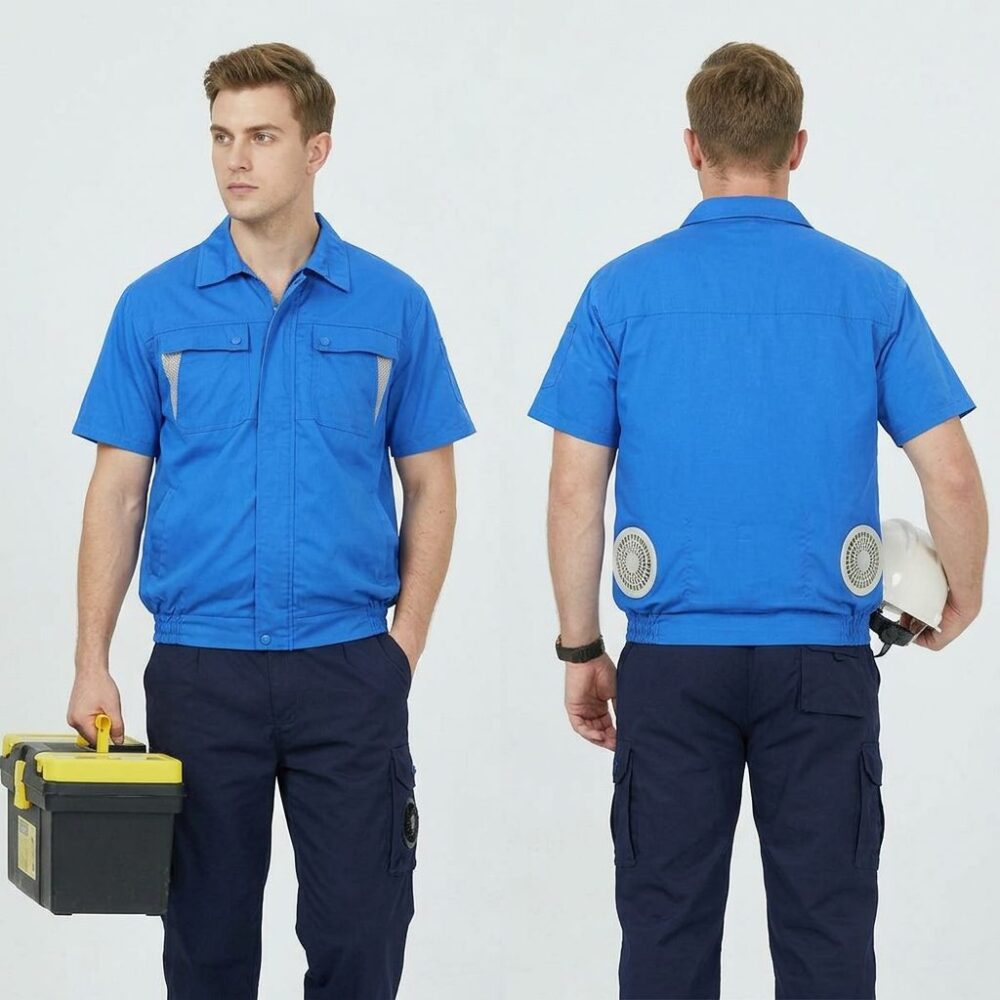 Men's Cotton Linen Air Conditioned Short Sleeve Cooling Fan Workwear for Construction & Workshop - Image 2