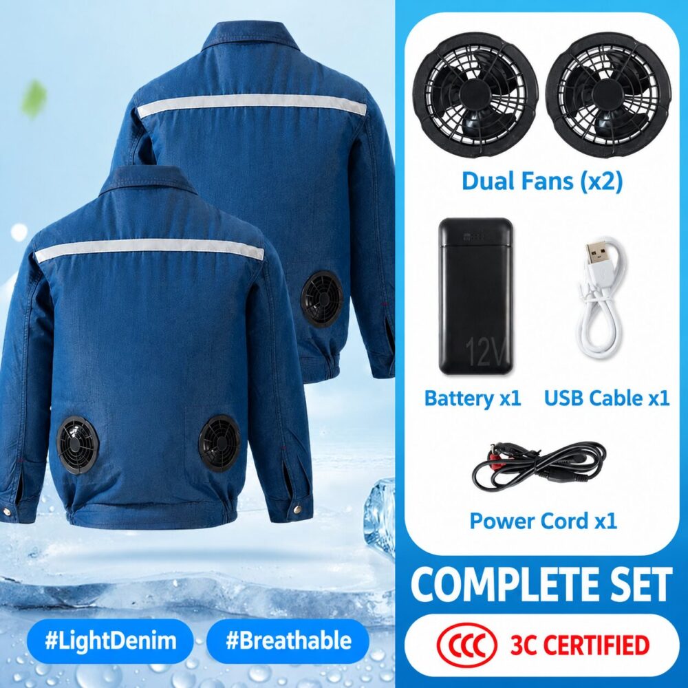 Men's Denim Cooling Fan Work Jacket, Flame & Heat Resistant Welding Safety Workwear with Reflective Strips - Image 6
