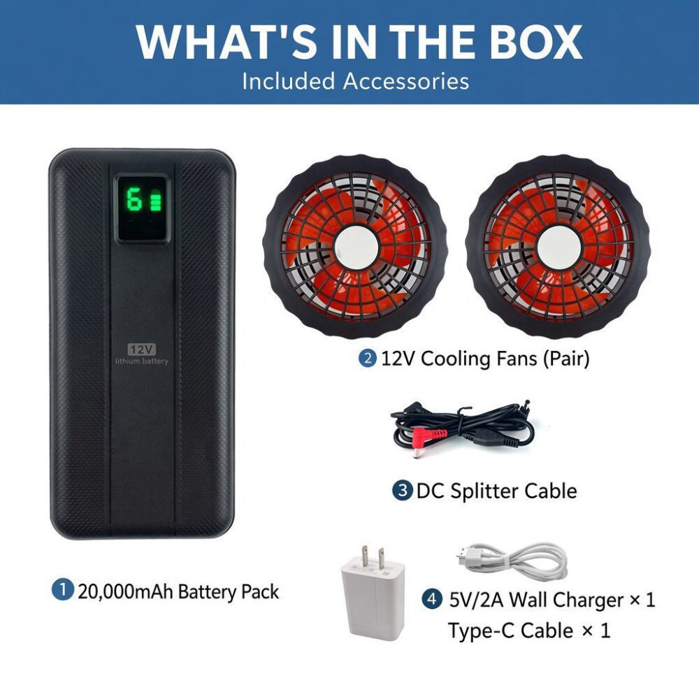 D20-12V 20000mAh Battery & Fan Kit for Men's Cooling Work Clothes, Portable Power Bank Function - Image 7