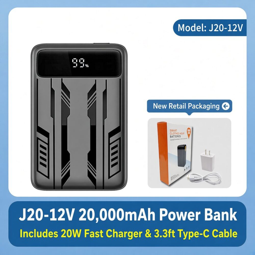 J20-12V 20000mAh Super Fast Charge Battery Kit with S2-12V Semiconductor Cooling Fan for Cooling Work Clothes - Image 8