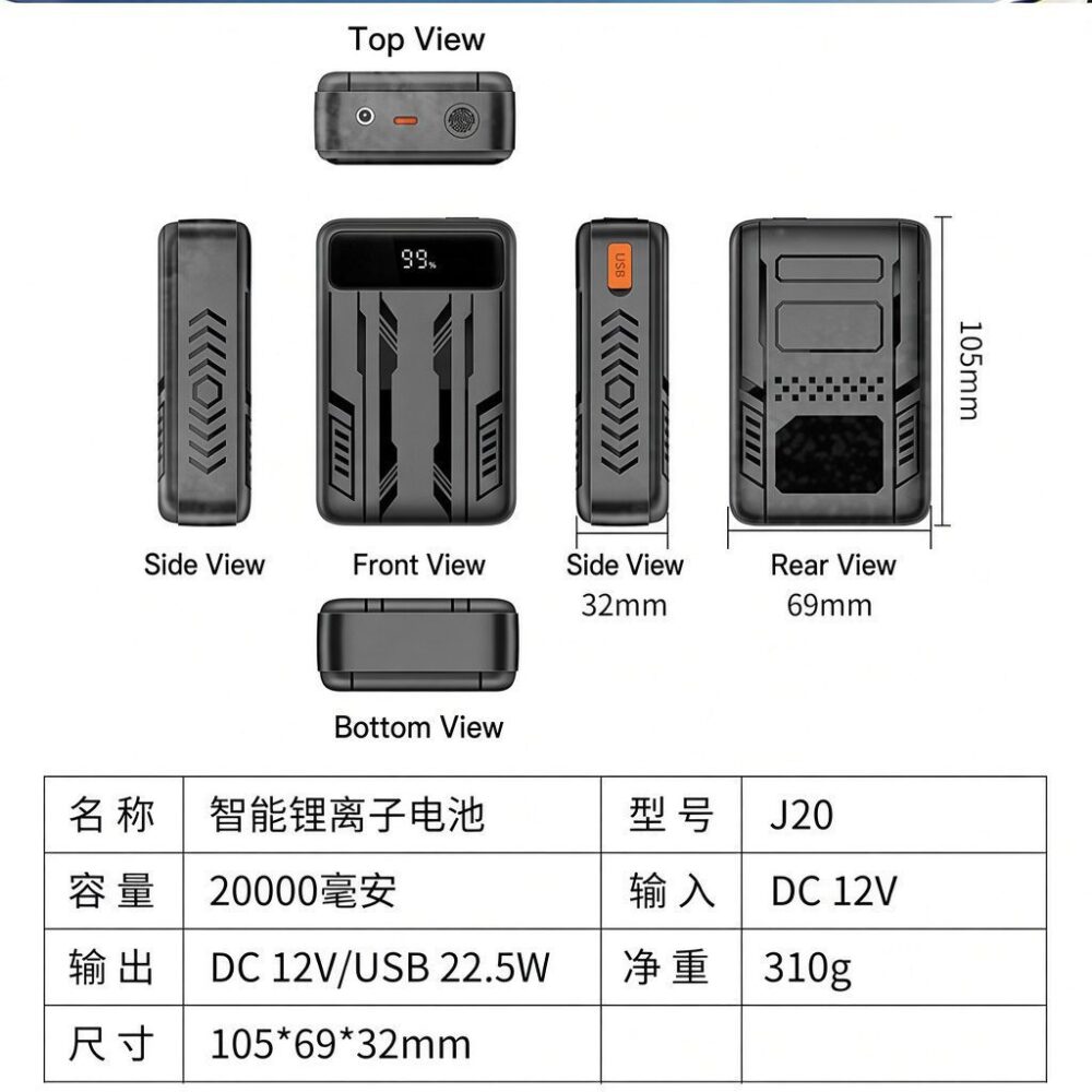 J20-12V 20000mAh Super Fast Charge Battery Kit with S2-12V Semiconductor Cooling Fan for Cooling Work Clothes - Image 5