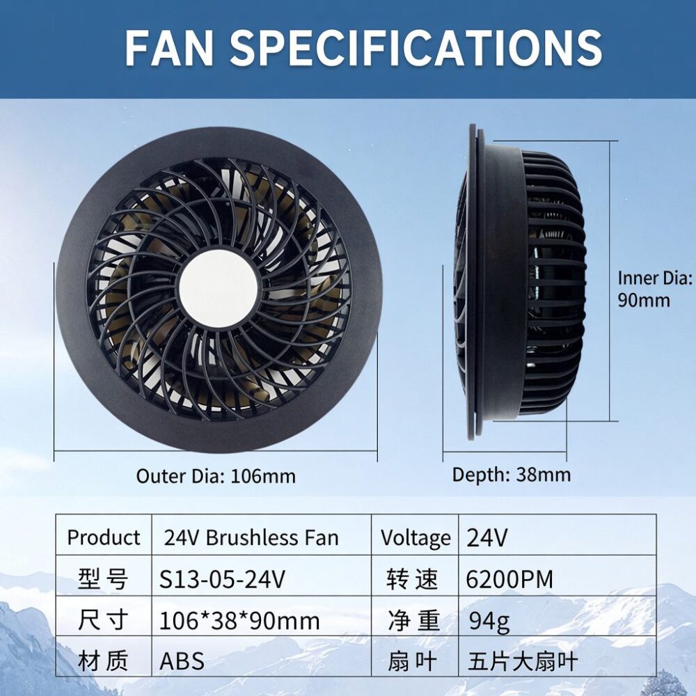 W23-24V Cooling Workwear Battery Set | 20000mAh Battery & S13-05-24V Brushless Fan - Image 3